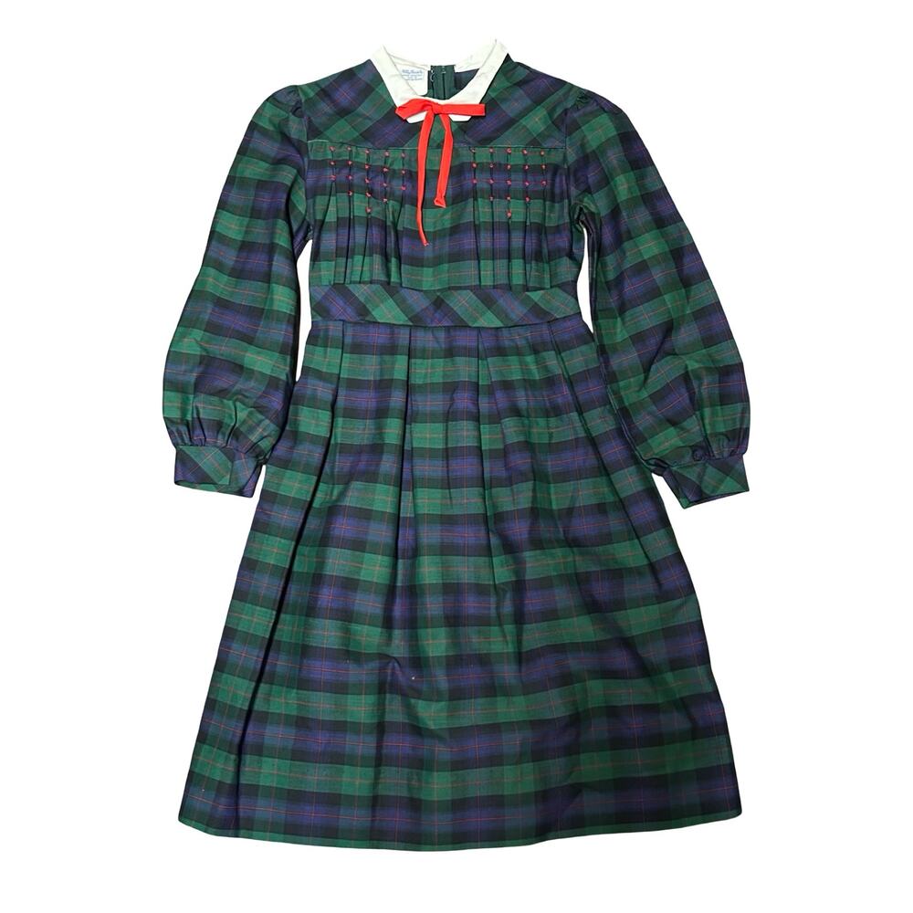 Vtg Polly Flinders Hand Smocked Dress Girls Size 10 Tartan Plaid Green Blue Bow